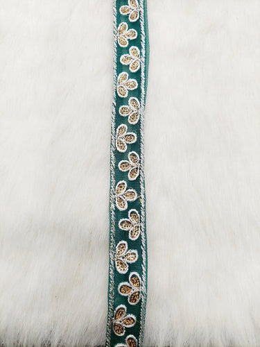 Wholesale Dark Green Net Lace Floral Embroidery & Glitter Gold Sequins, Indian Wedding Border, Gifting Ribbon Costume Trim Fashion Trimming